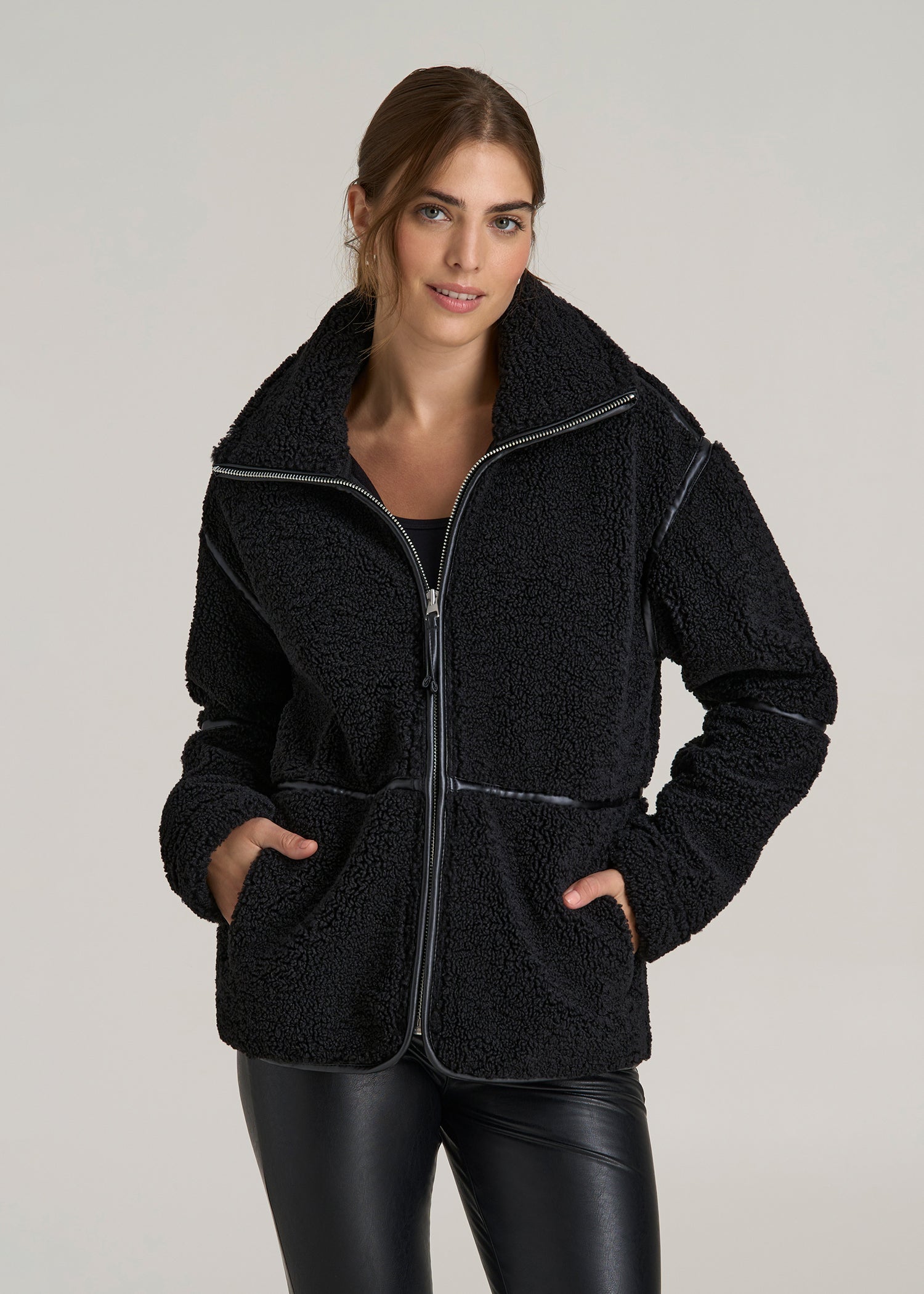 Relaxed Shearling Jacket for Tall Women in Black