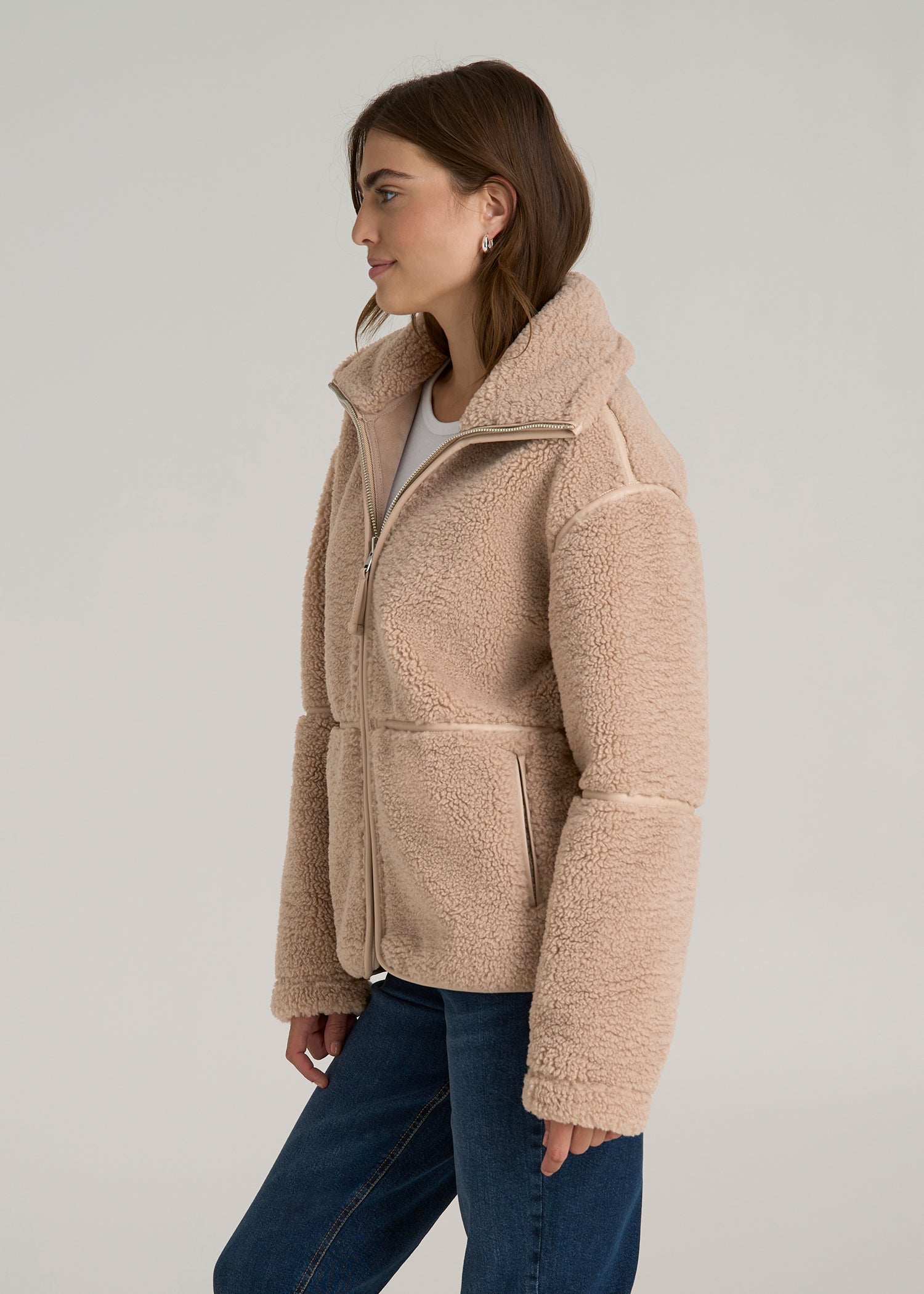Relaxed Shearling Jacket for Tall Women in Warm Taupe