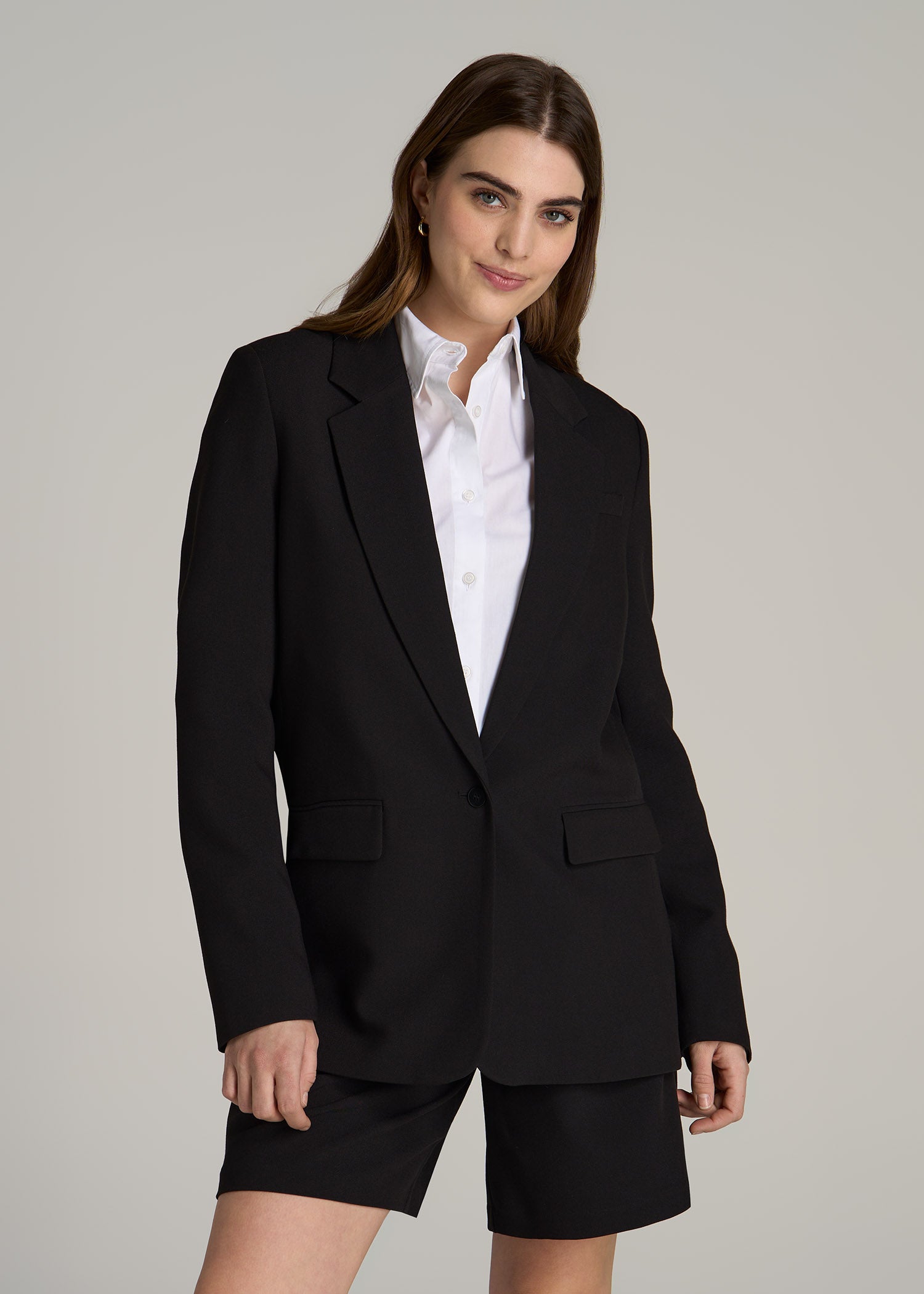 Boyfriend Fit Single-Button Blazer for Tall Women in Black