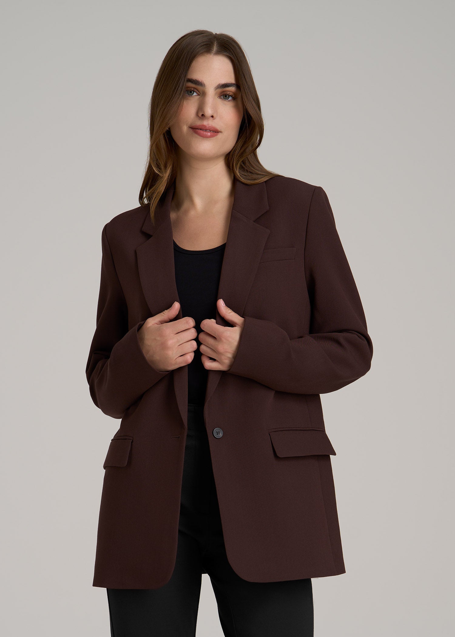 Boyfriend Fit Single-Button Blazer for Tall Women in Chestnut