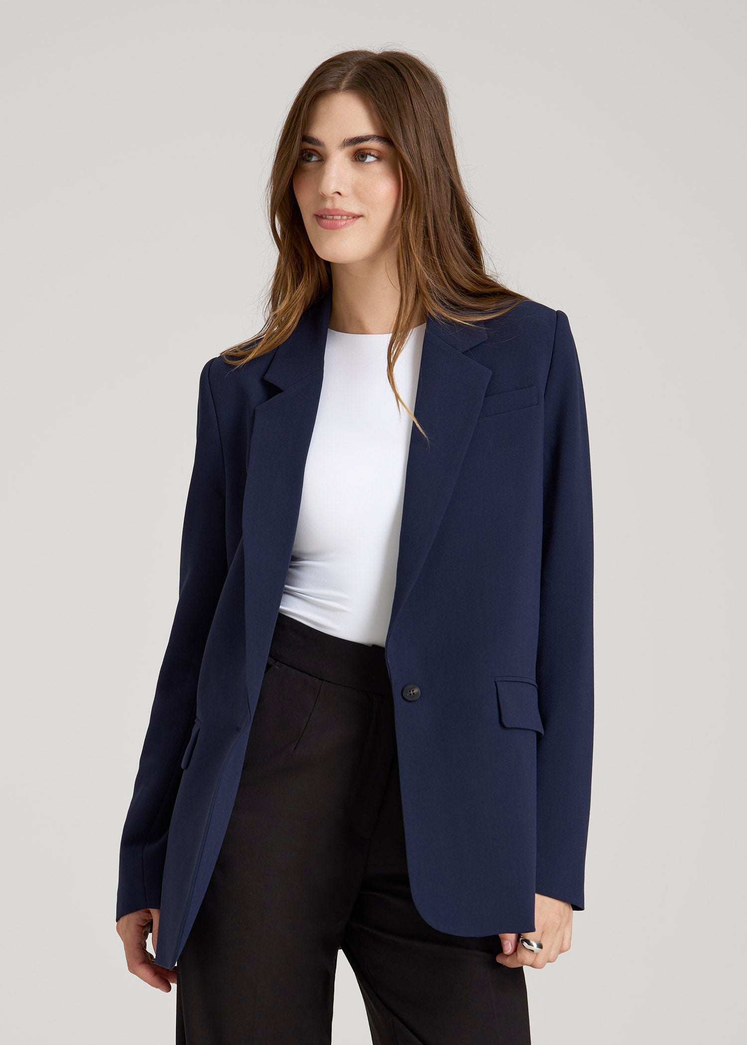 navy dress jacket ladies Boyfriend Fit Single-Button Blazer for Tall Women in 8 / Tall / Navy Rent Wedding Dress Online
