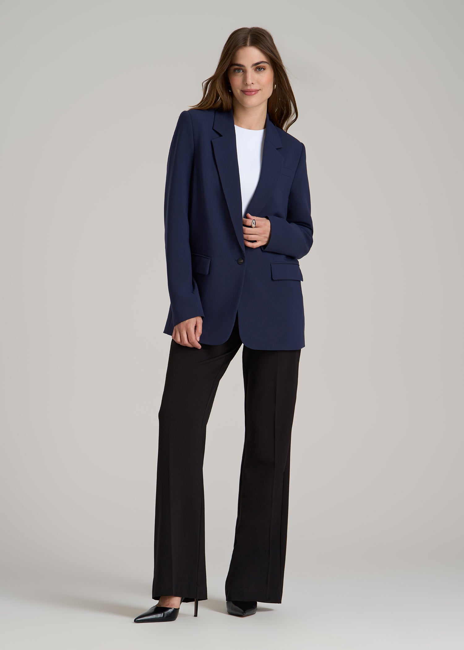 Boyfriend Fit Single-Button Blazer for Tall Women in Navy