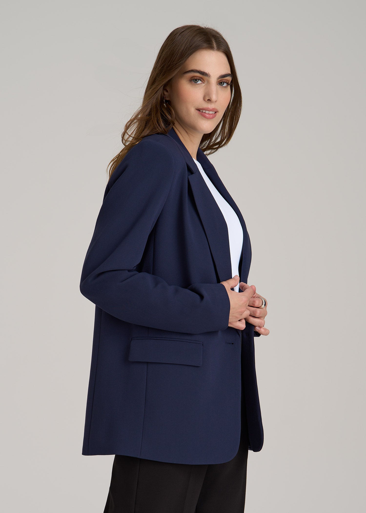 Boyfriend Fit Single-Button Blazer for Tall Women in Navy