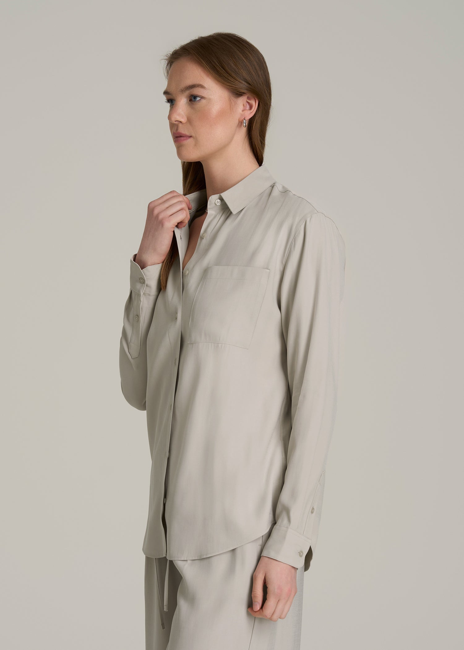 Relaxed Button-Up Single-Pocket Blouse for Tall Women in Stone