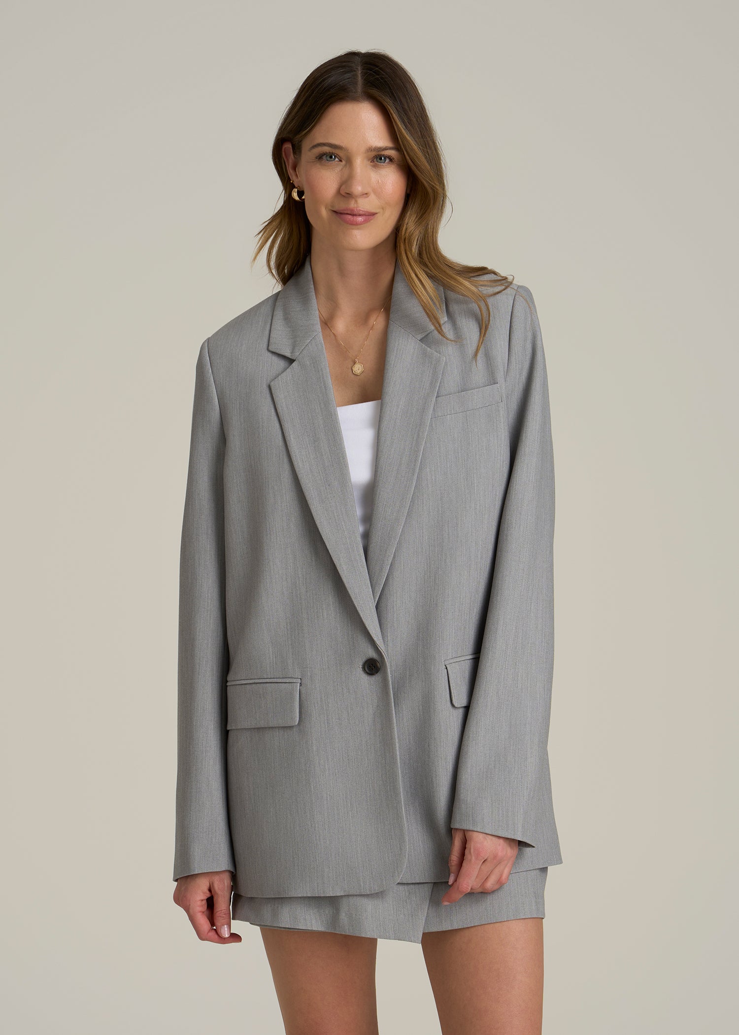 Boyfriend Fit Single-Button Blazer for Tall Women in Ash Grey Mix