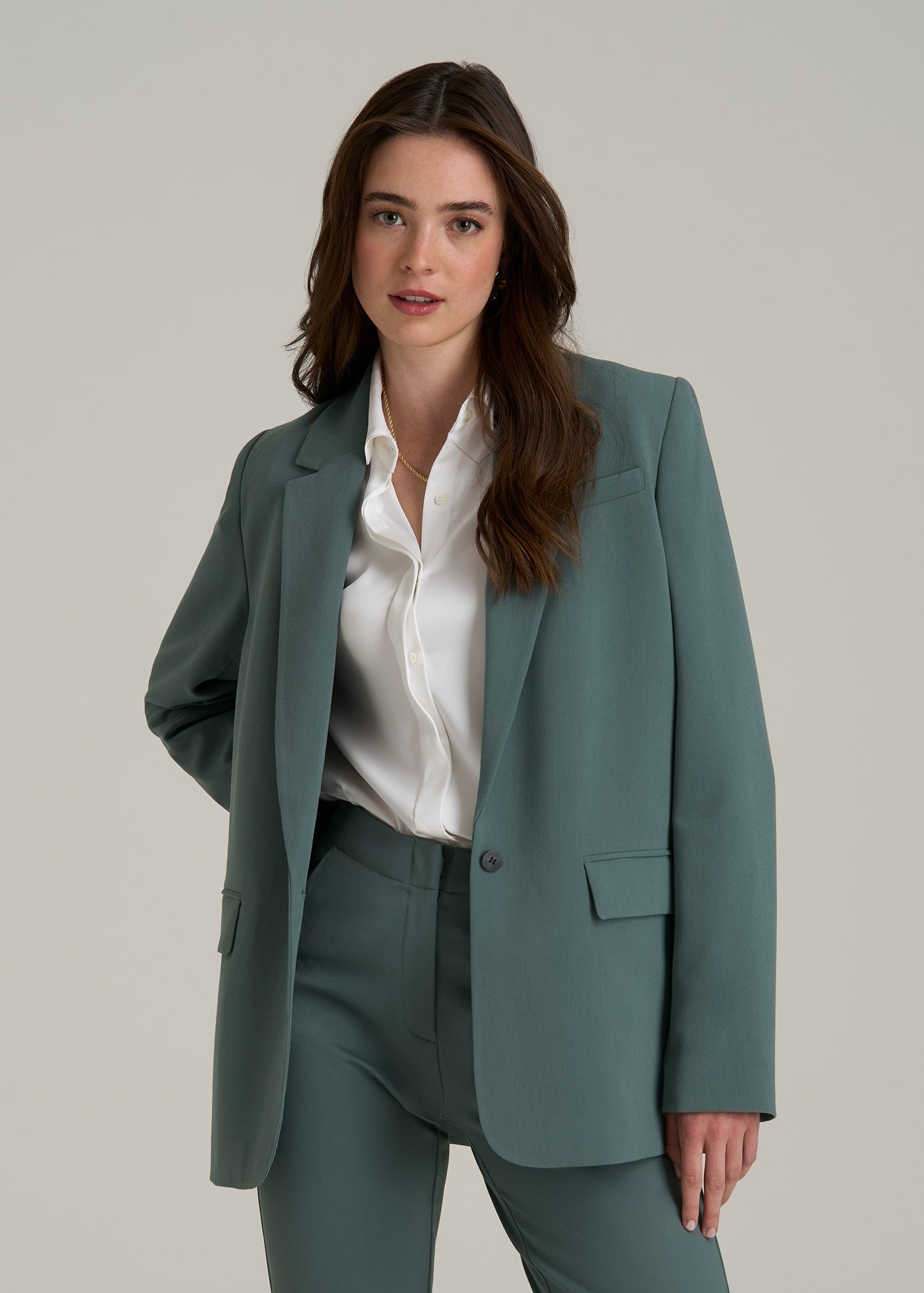 Boyfriend Fit Single-Button Blazer for Tall Women in Balsam Green