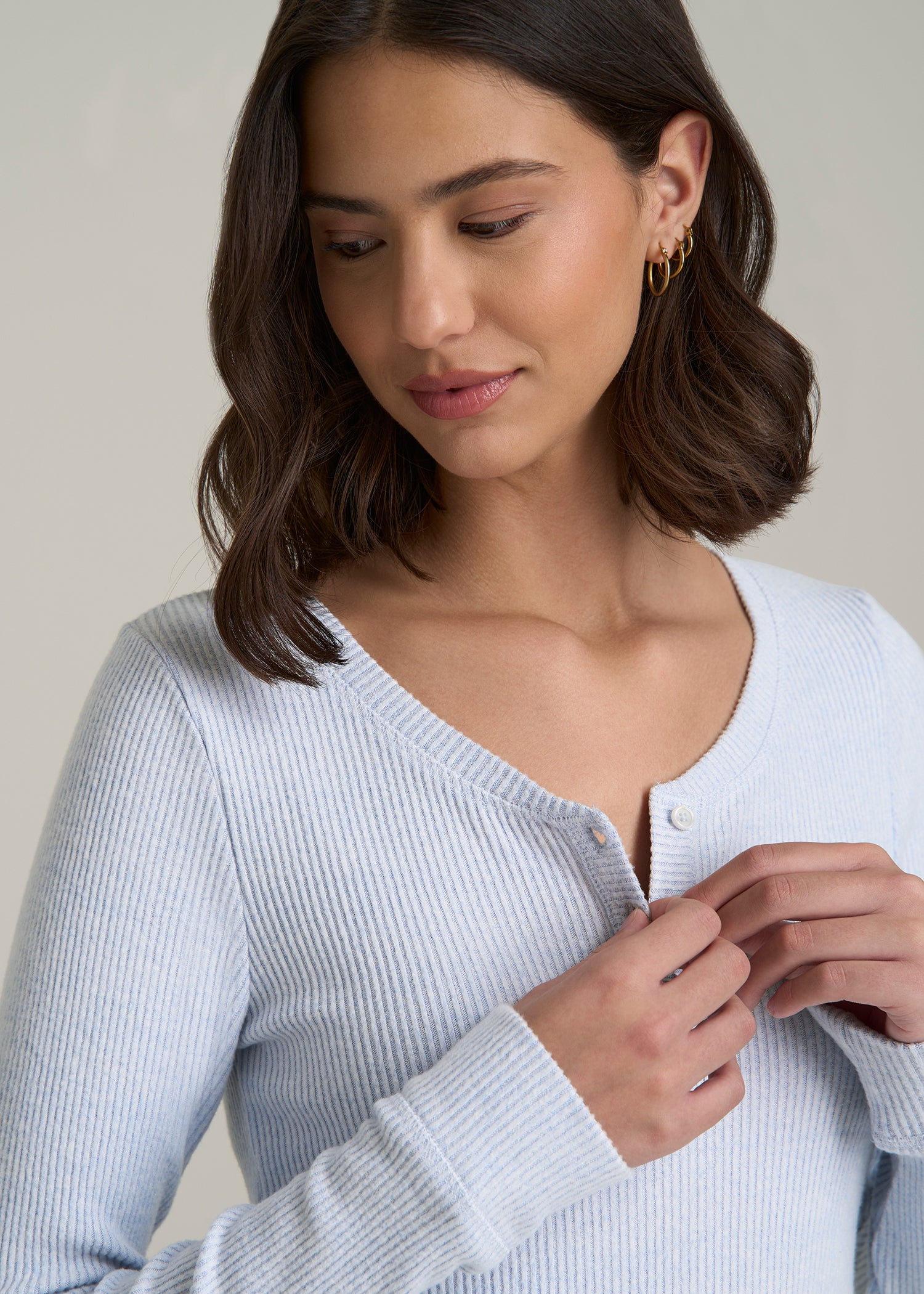 Ribbed Henley Top for Tall Women in Bluebird Mix