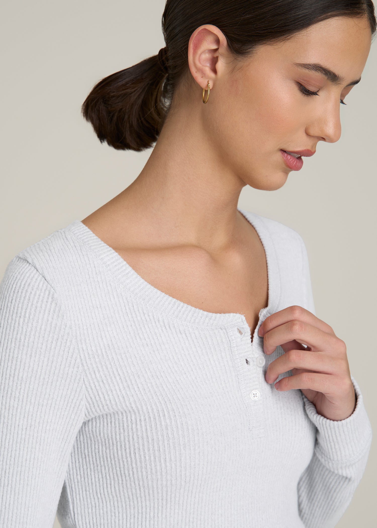 Ribbed Henley Top for Tall Women in Fog Grey Mix