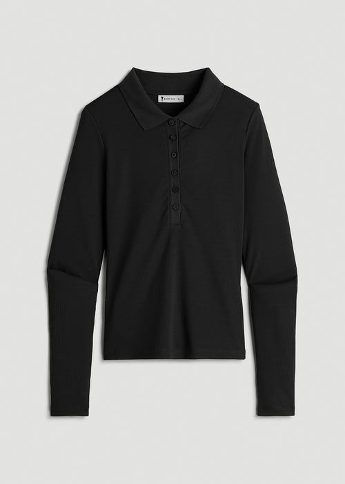 Ribbed Knit Long Sleeve Polo for Tall Women in Deep Black