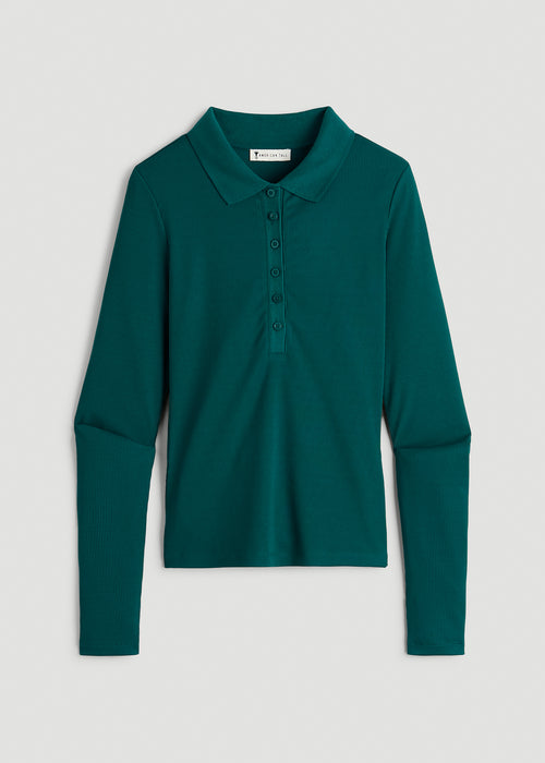 Ribbed Knit Long Sleeve Polo for Tall Women in Deep Teal