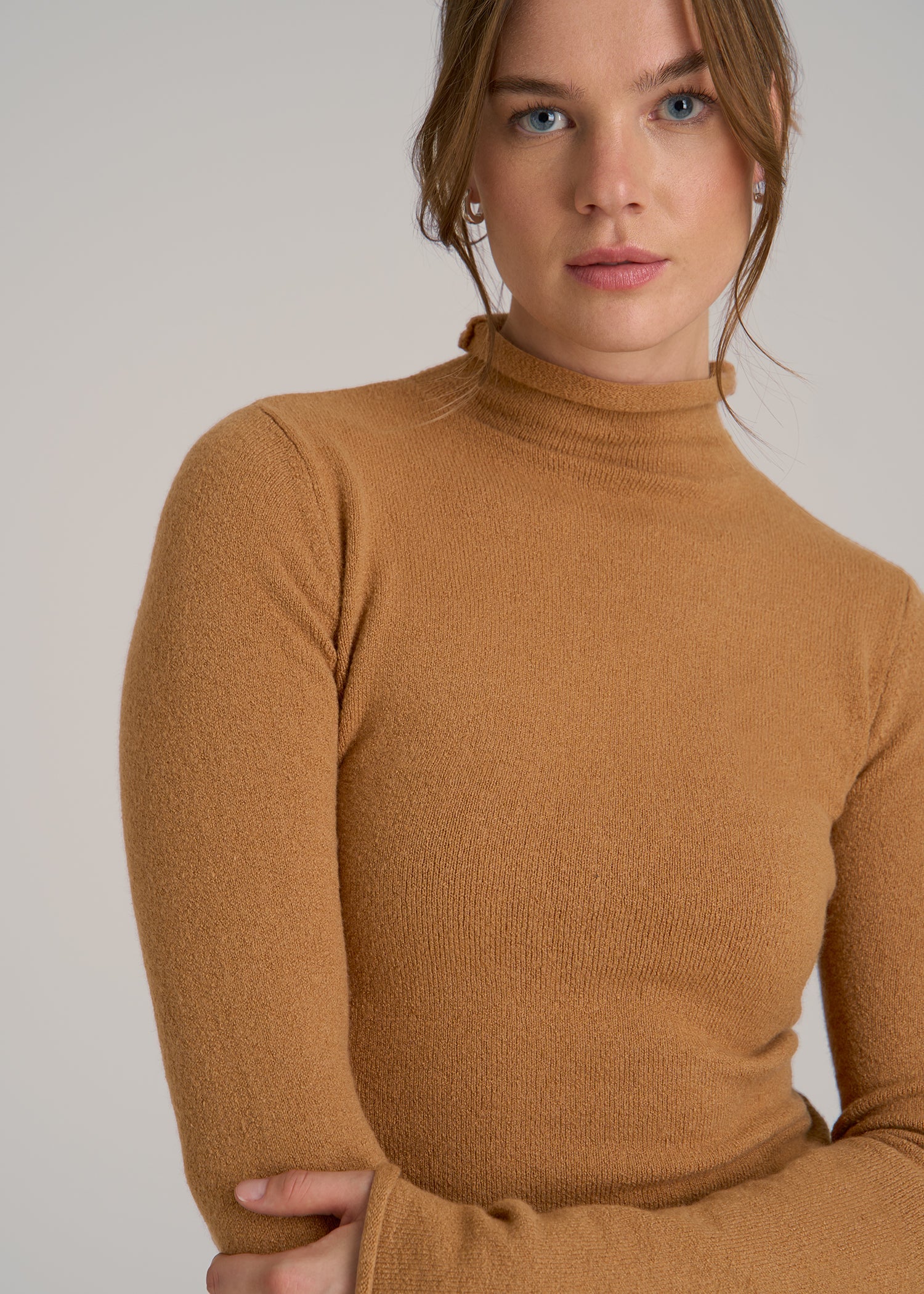 Rolled Mock Neck Sweater for Tall Women in Caramel