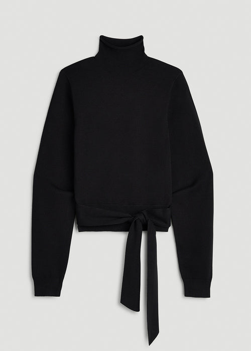 Rolled Neck Sweater with Tie for Tall Women in Deep Black