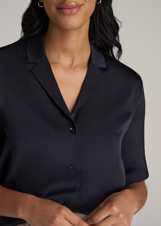 Notch Collar Satin Blouse for Tall Women in Black