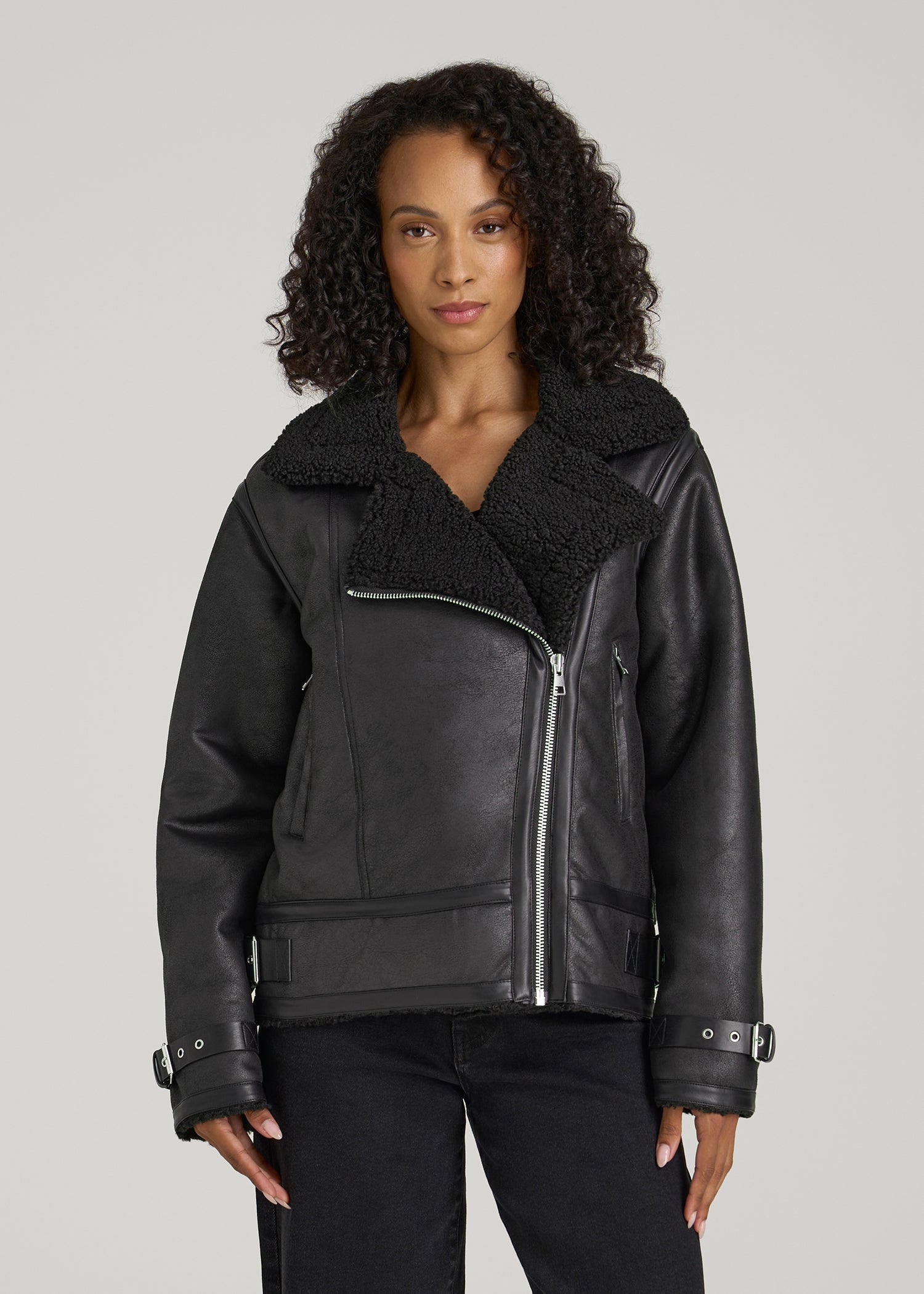 Shearling Moto Jacket for Tall Women in Black