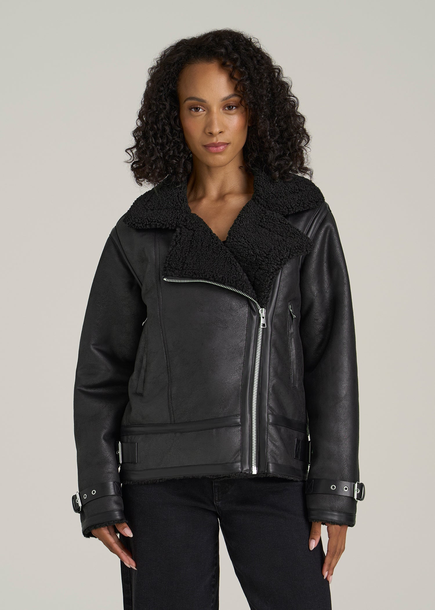 Shearling Moto Jacket for Tall Women in Black
