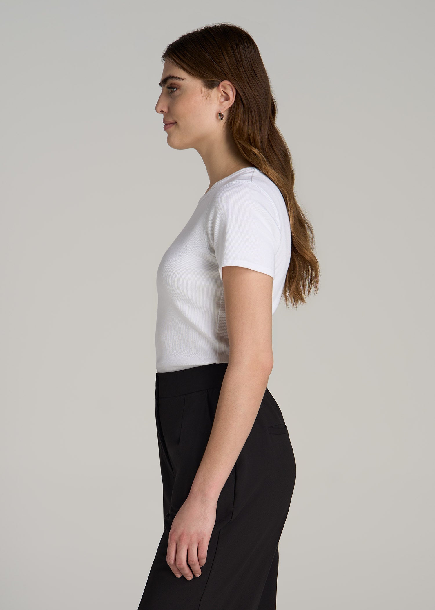 Short Sleeve Crew Neck Ribbed T-Shirt for Tall Women in Bright White