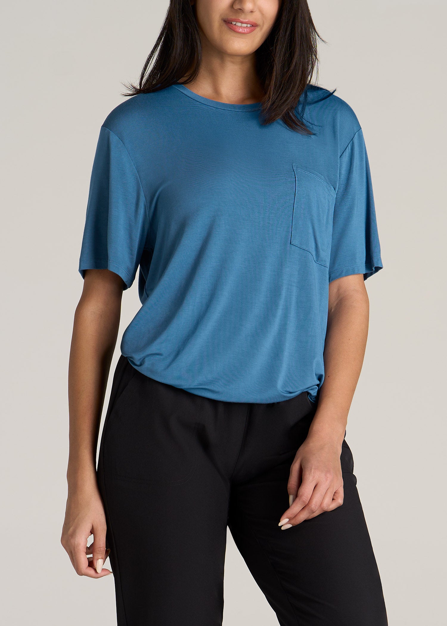 Women's Short-Sleeve Oversized Crewneck Pocket Blue T-Shirt – Tall