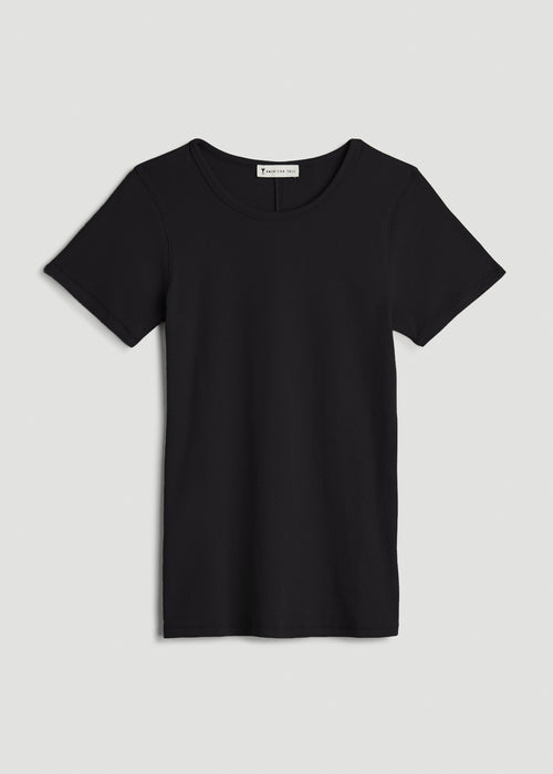 Short Sleeve Crew Neck Ribbed T-Shirt for Tall Women in Black