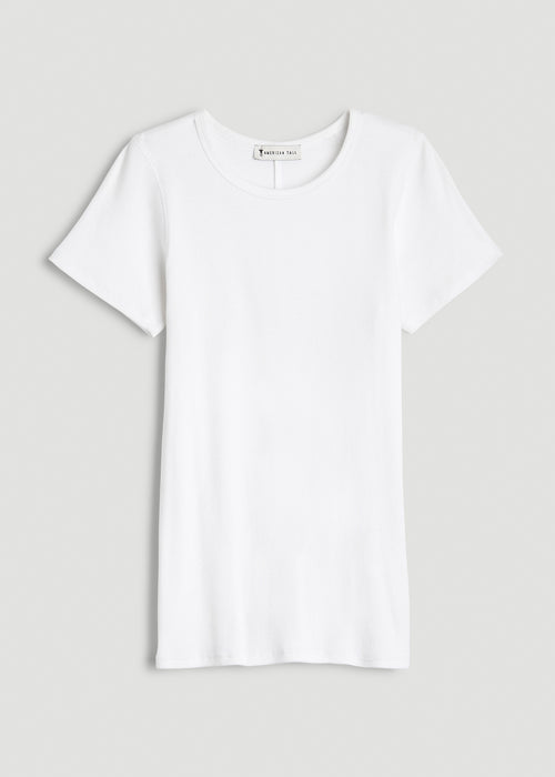 Short Sleeve Crew Neck Ribbed T-Shirt for Tall Women in Bright White