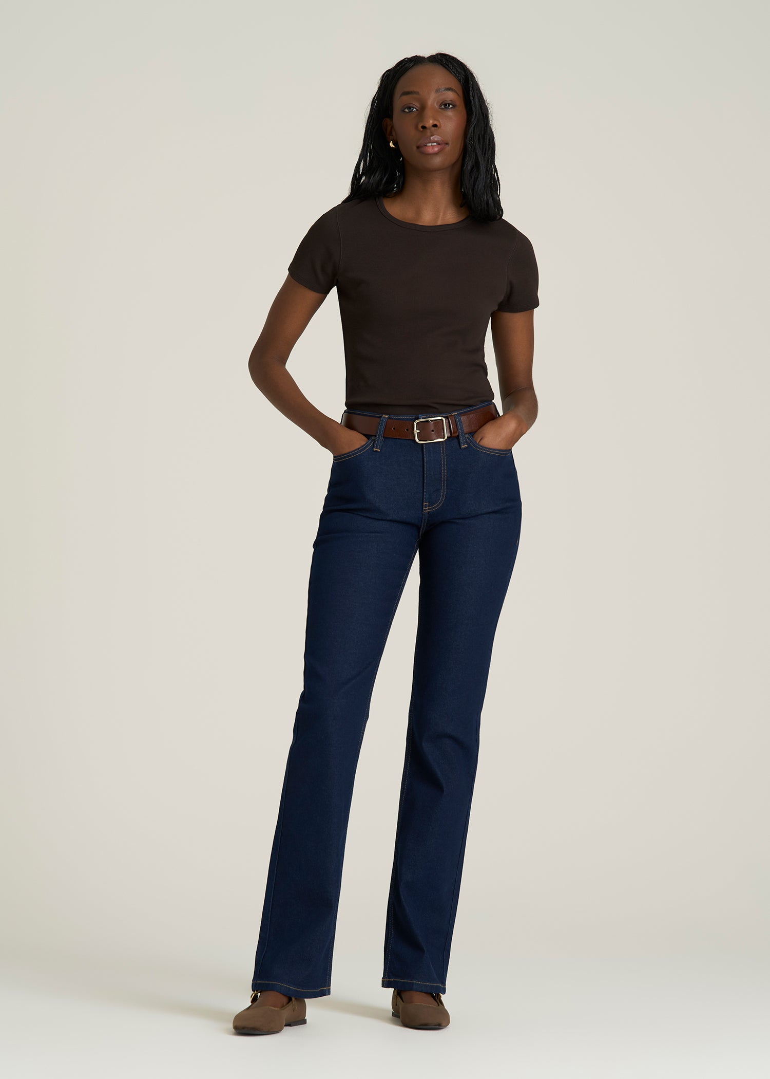 Short Sleeve Crew Neck Ribbed T-Shirt for Tall Women in Espresso