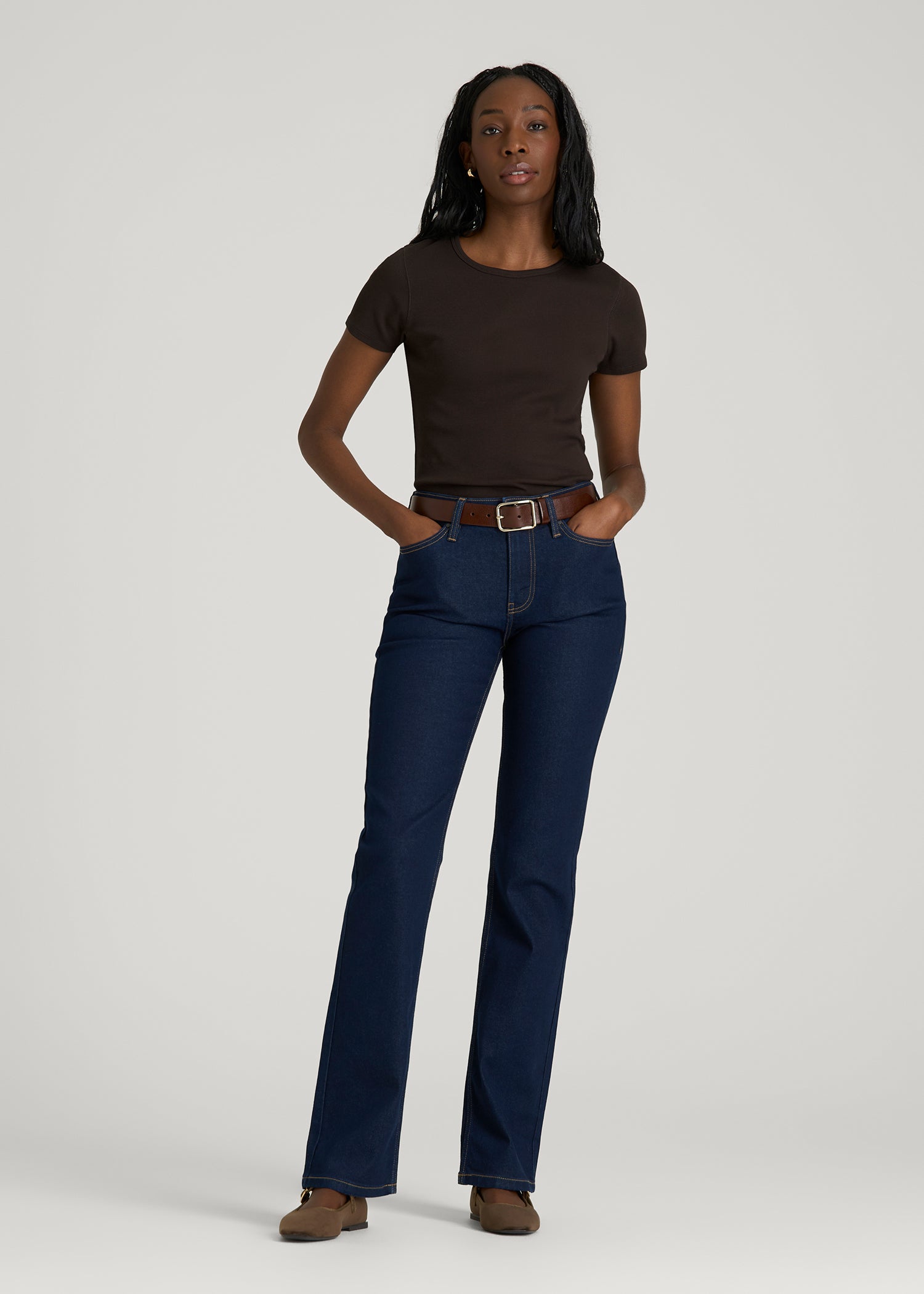 Short Sleeve Crewneck Ribbed T-Shirt for Tall Women in Espresso