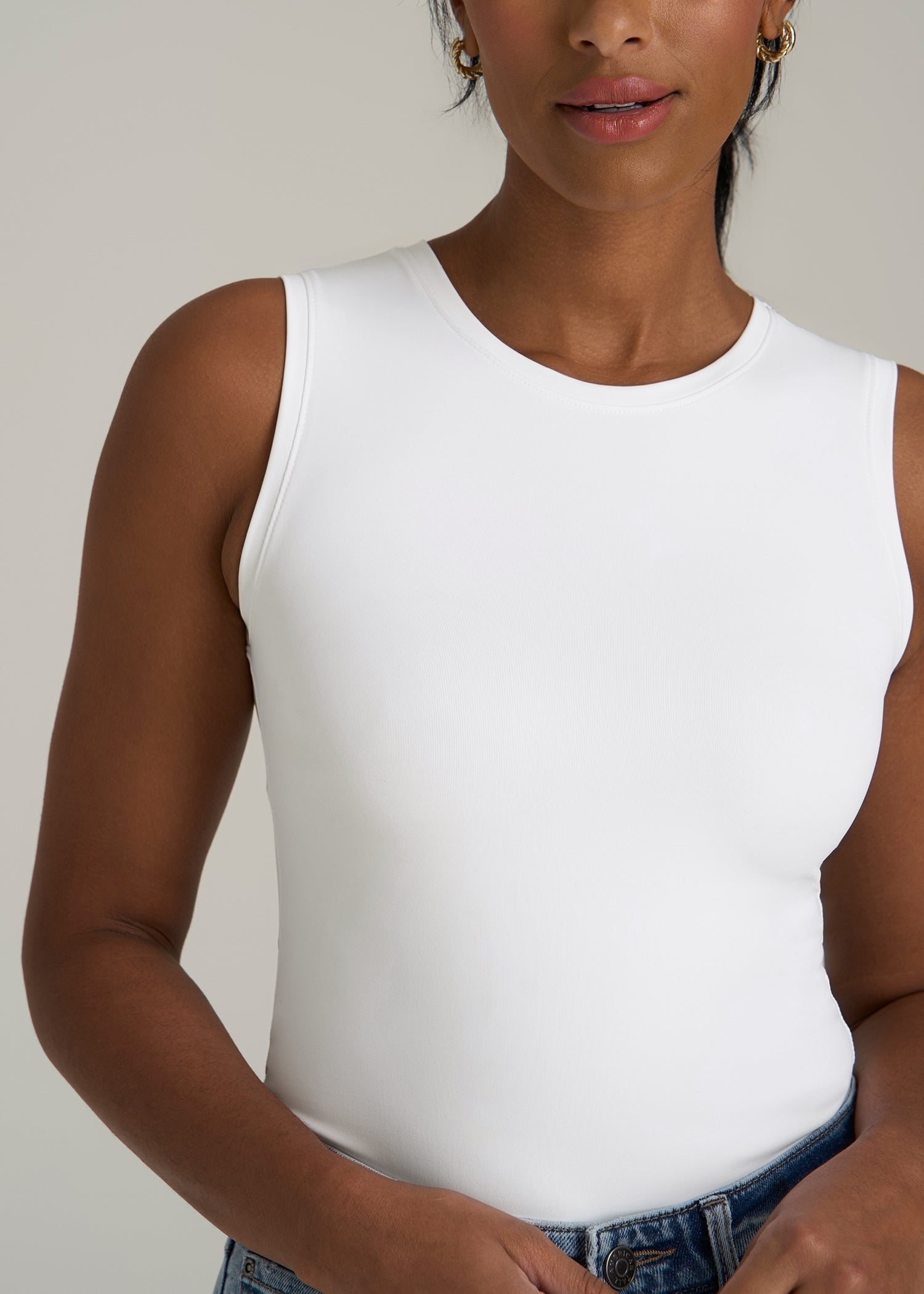 Sleeveless Crewneck Bodysuit for Tall Women in Bright White