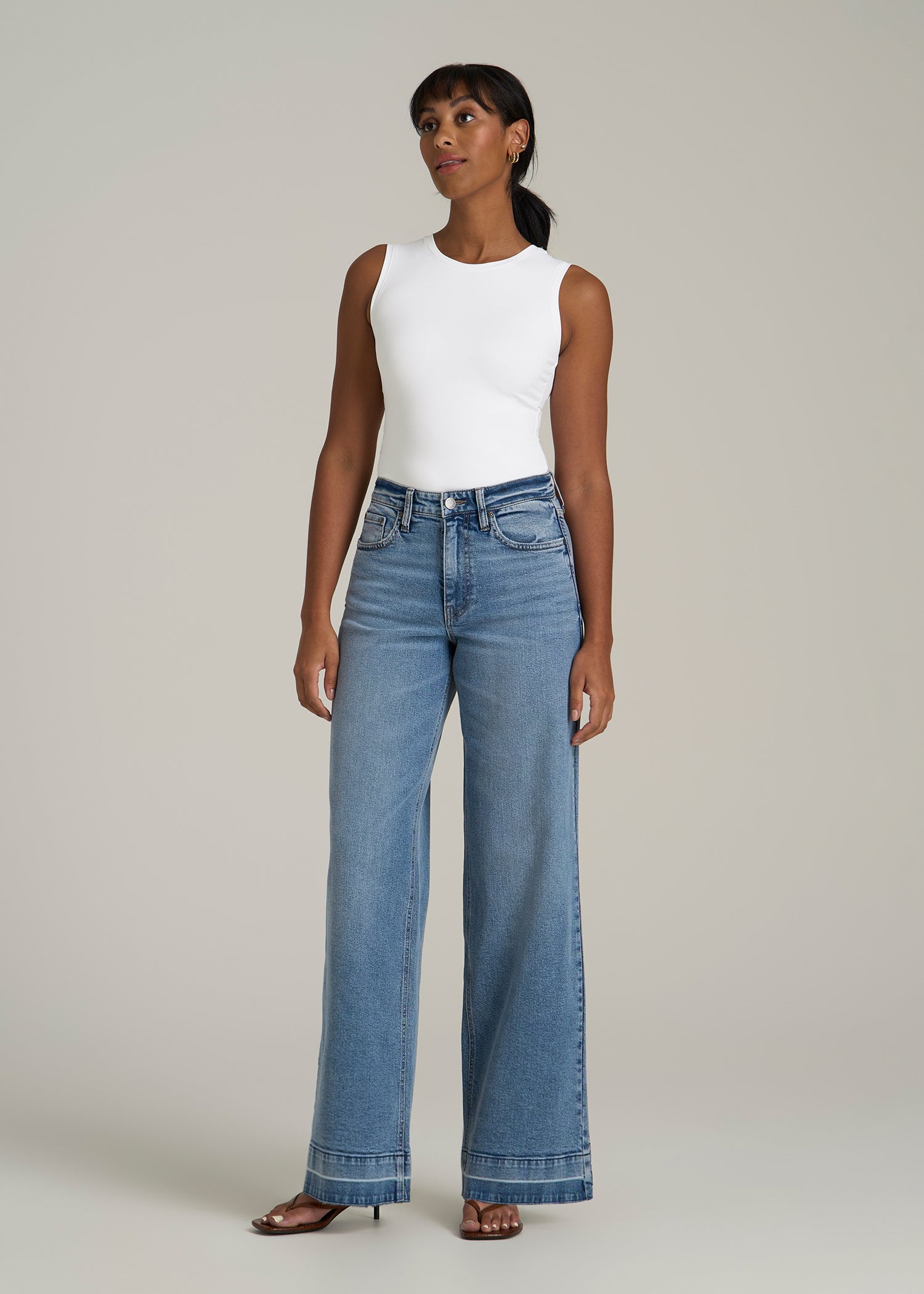 Sleeveless Crewneck Bodysuit for Tall Women in Bright White