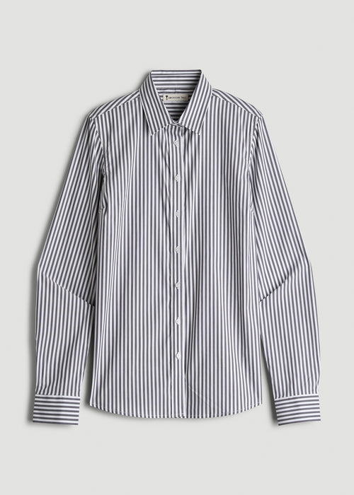 Slim Fit Button-Up Shirt for Tall Women in Grey and White Stripe