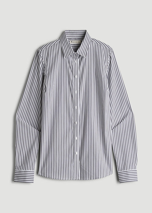 Slim Fit Button Up Shirt for Tall Women in Grey and White Stripe