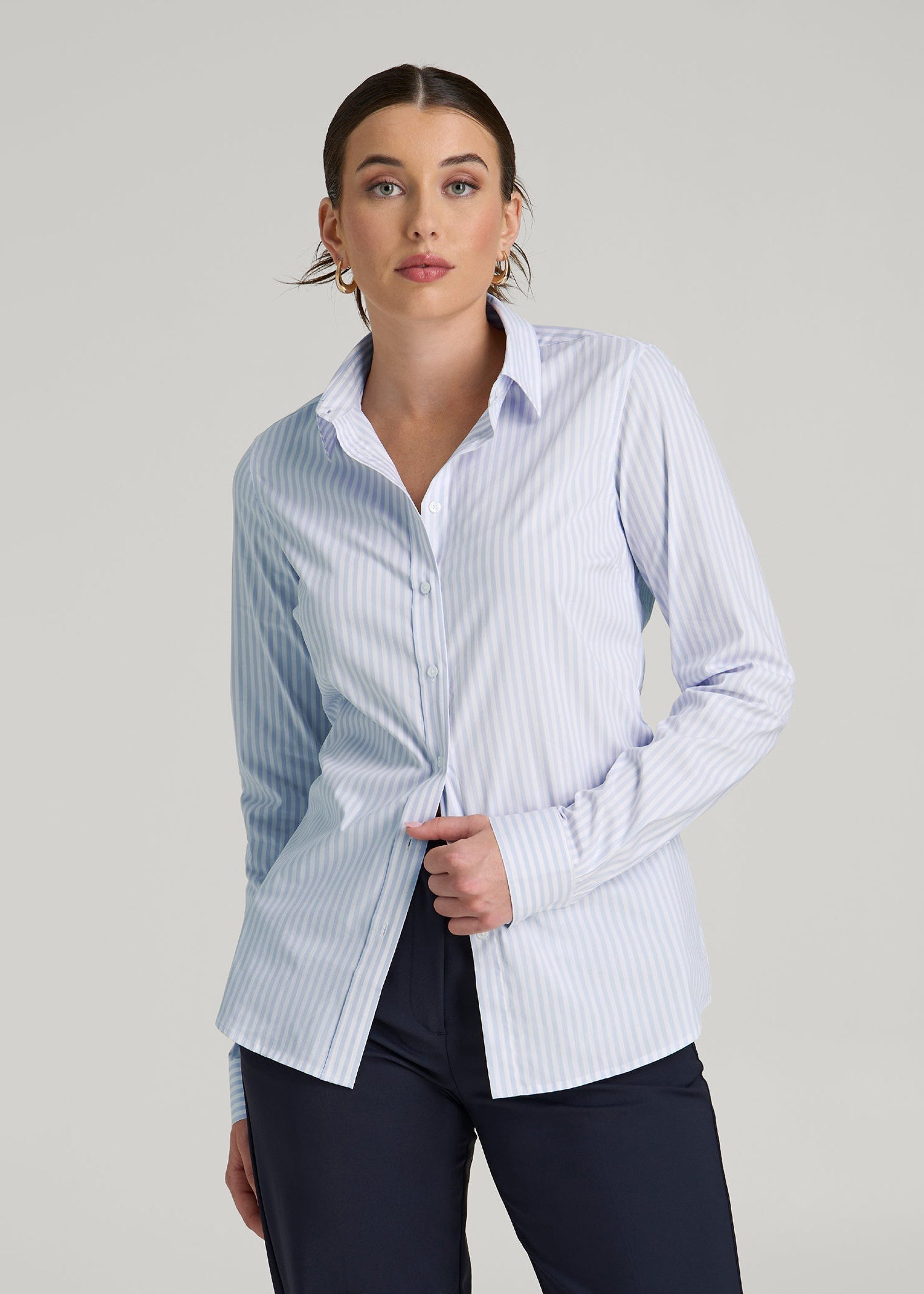 Slim Fit Button Up Shirt for Tall Women in Light Blue Stripe 14 / Tall / Light Blue Stripe Slim Fit Button Up Shirt for Tall Women in Light Blue Stripe 14 / Tall / Light Blue Stripe