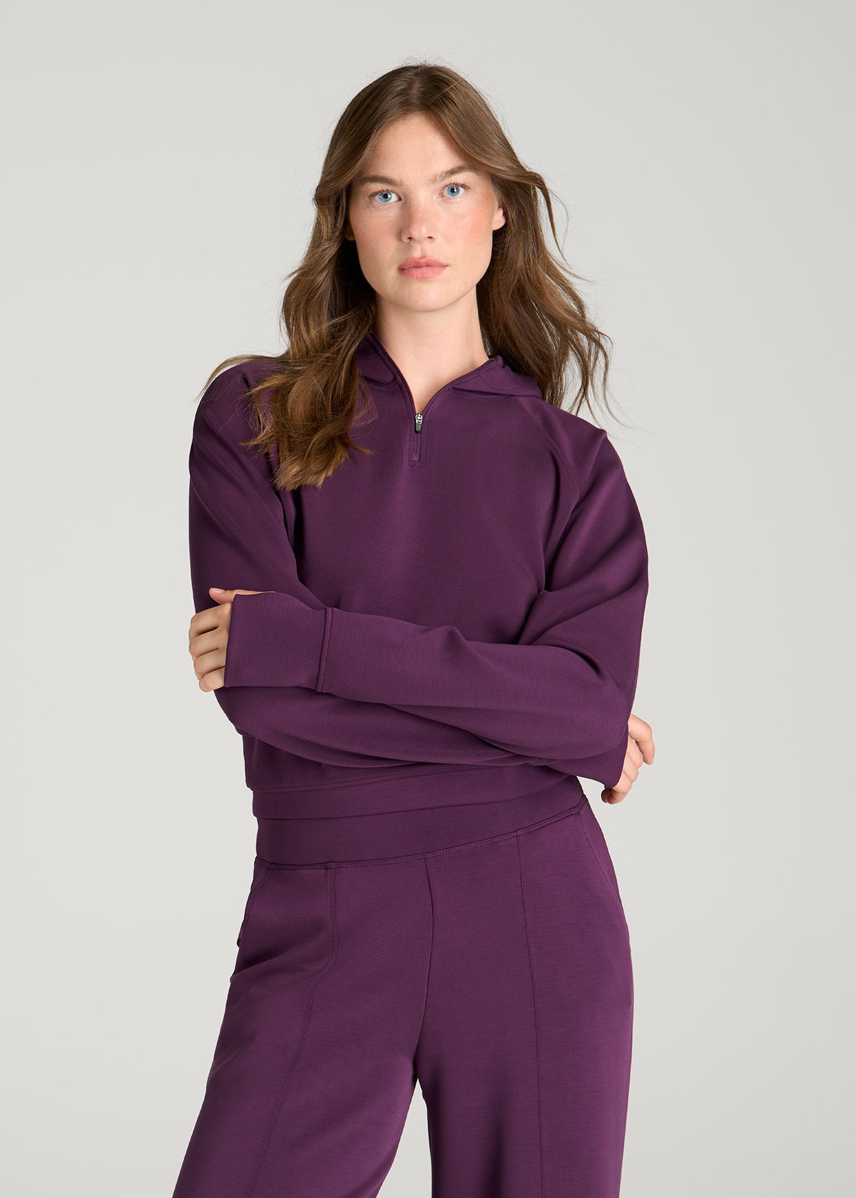 Soft Motion Cropped Zip Up Hoodie for Tall Women in Aubergine
