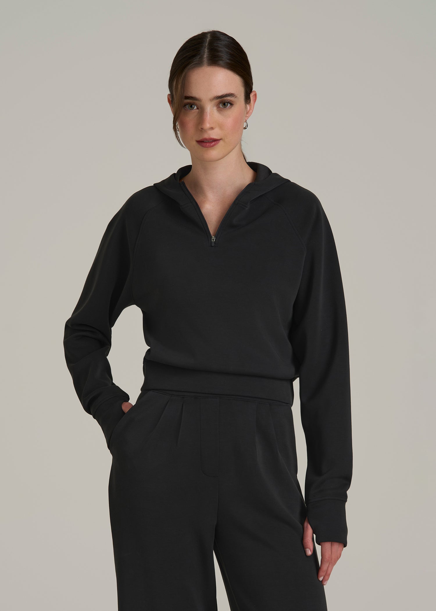 Soft Motion Cropped Zip Up Hoodie for Tall Women in Black