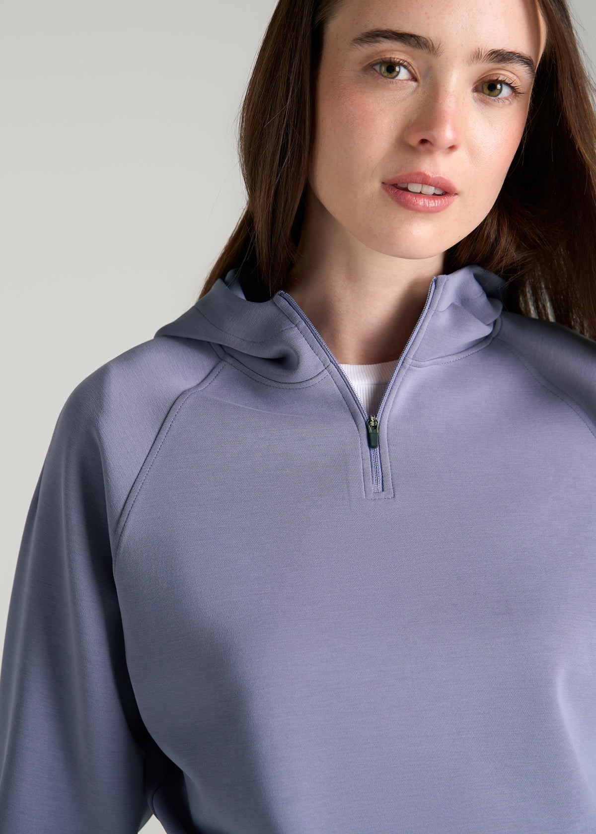 Soft Motion Cropped Zip Up Hoodie for Tall Women in Blue Granite