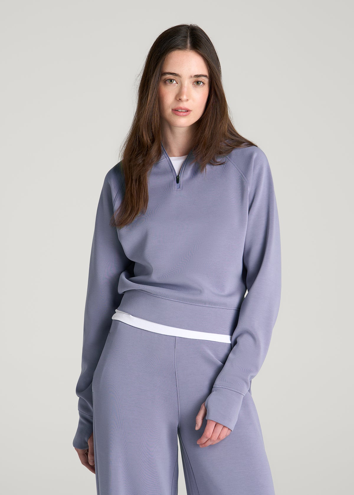 Soft Motion Cropped Zip Up Hoodie for Tall Women in Blue Granite