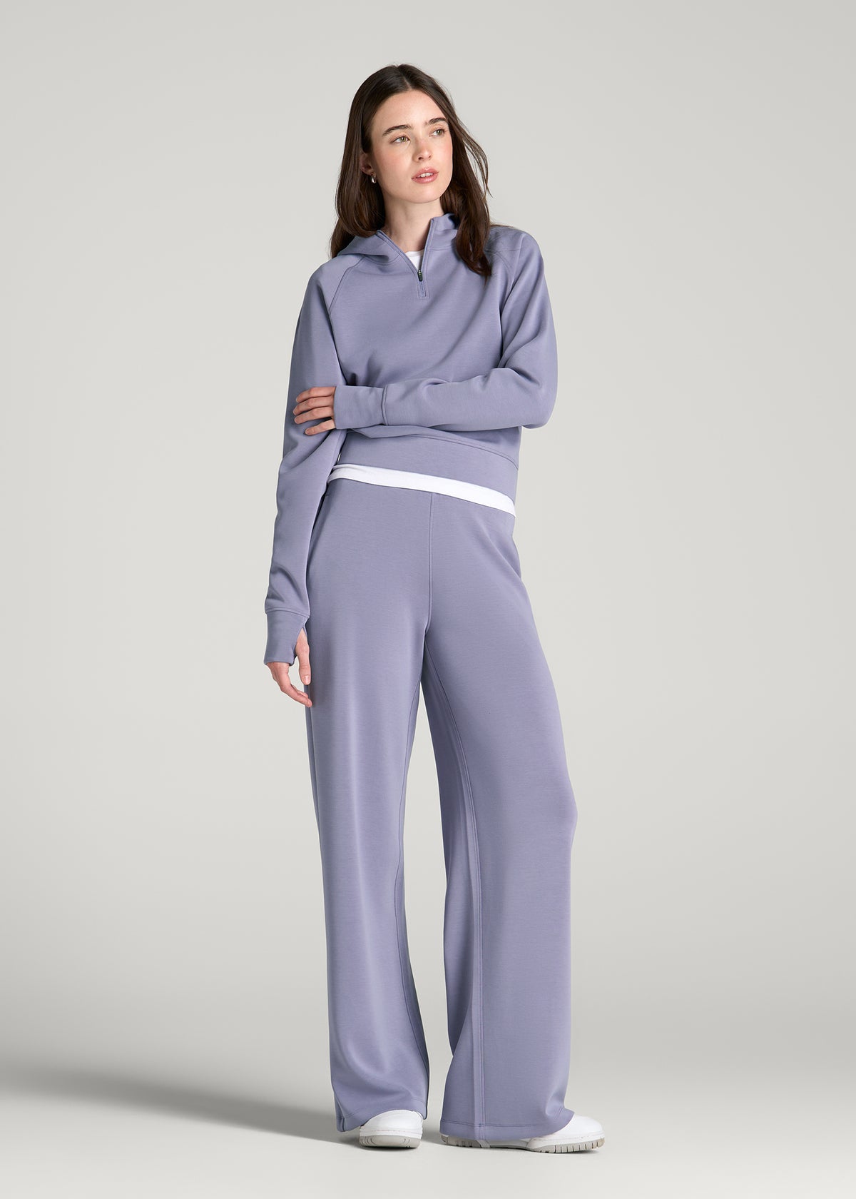 Soft Motion Cropped Zip Up Hoodie for Tall Women in Blue Granite