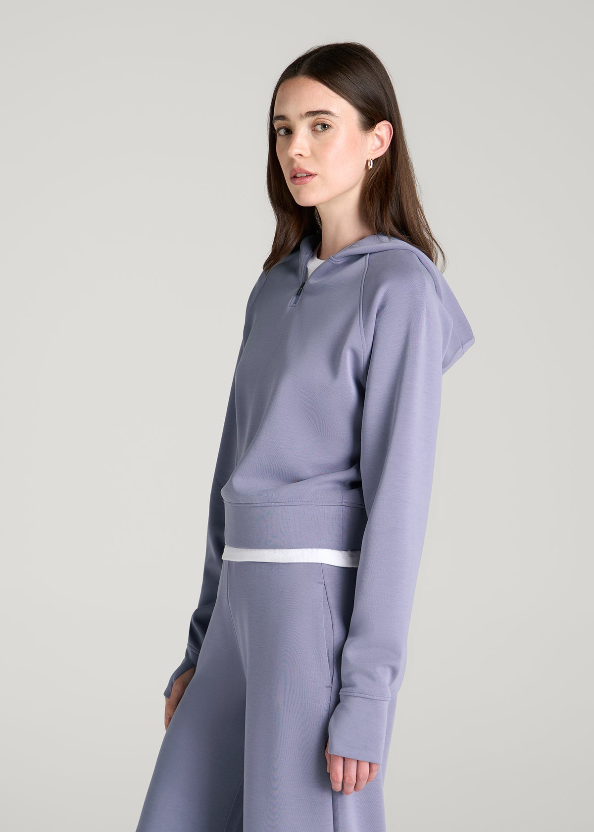 Soft Motion Cropped Zip Up Hoodie for Tall Women in Blue Granite