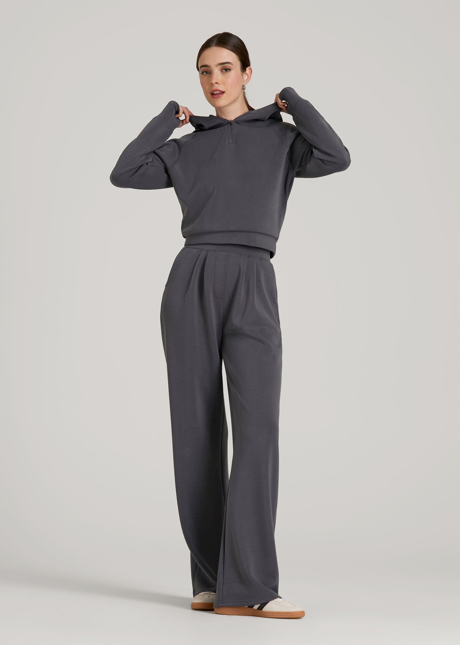 Soft Motion Cropped Zip Up Hoodie for Tall Women in Charcoal Rinse
