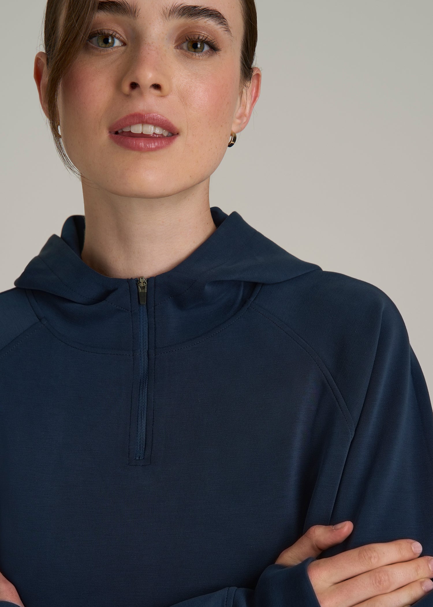 Soft Motion Cropped Zip Up Hoodie for Tall Women in Evening Blue