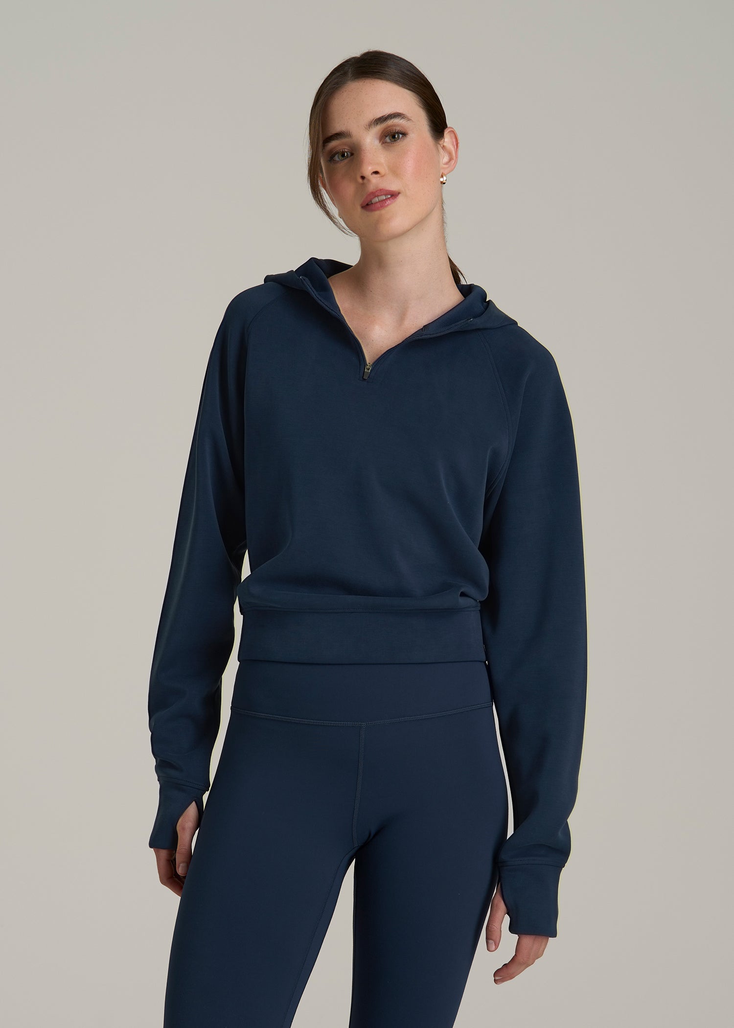 Soft Motion Cropped Zip Up Hoodie for Tall Women in Evening Blue