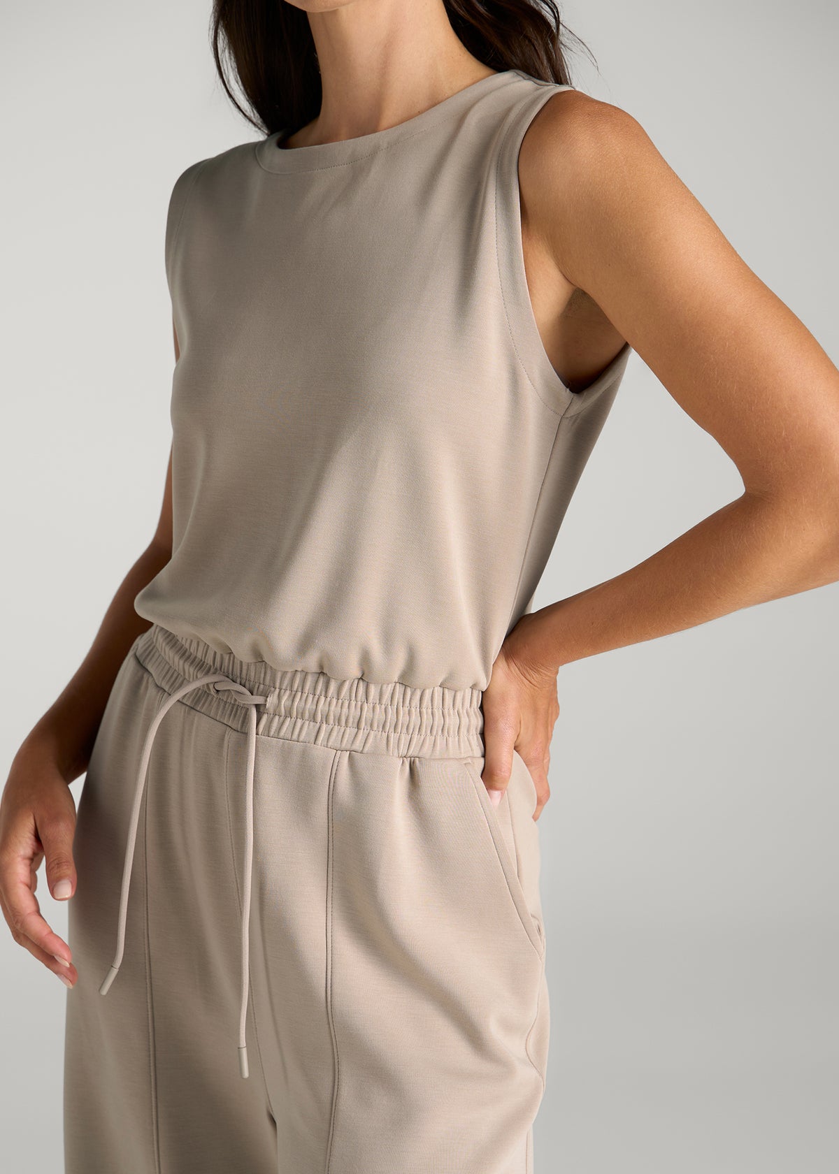 Soft Motion Sleeveless Sweatpants Jumpsuit for Tall Women in Simply Taupe