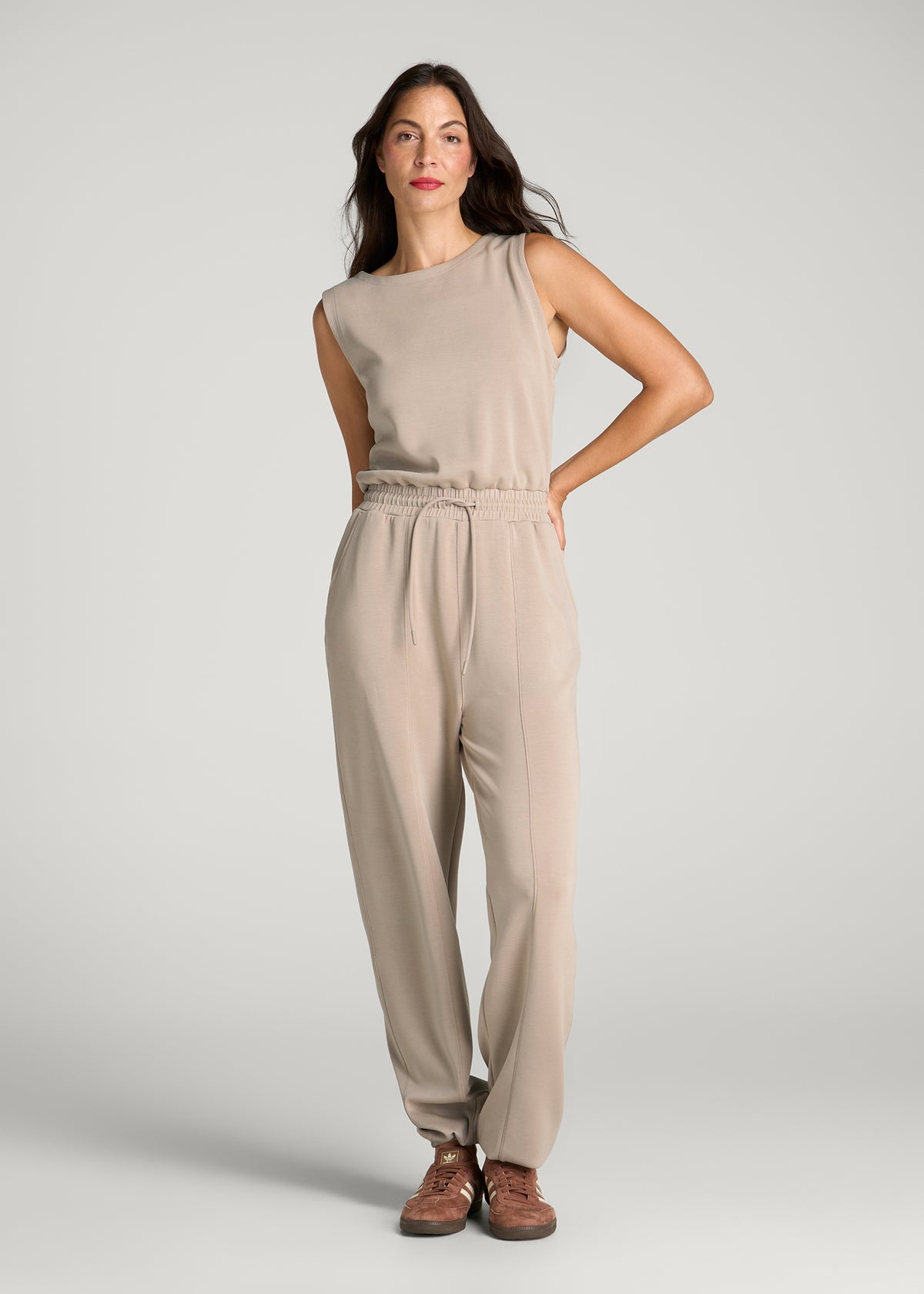 Soft Motion Sleeveless Sweatpants Jumpsuit for Tall Women in Simply Taupe