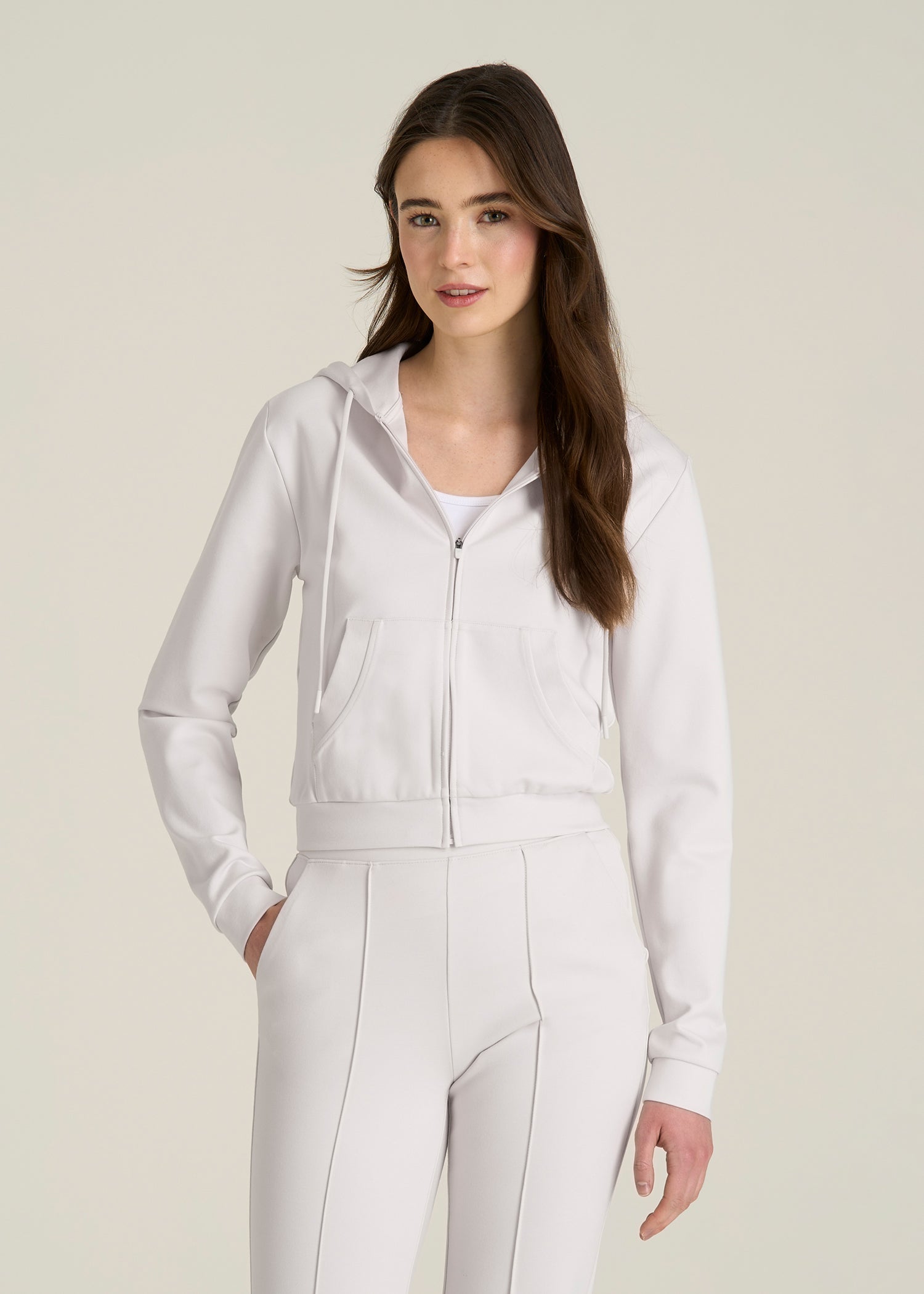 Soft Flex Ponte Cropped Hoodie for Tall Women in White Sand