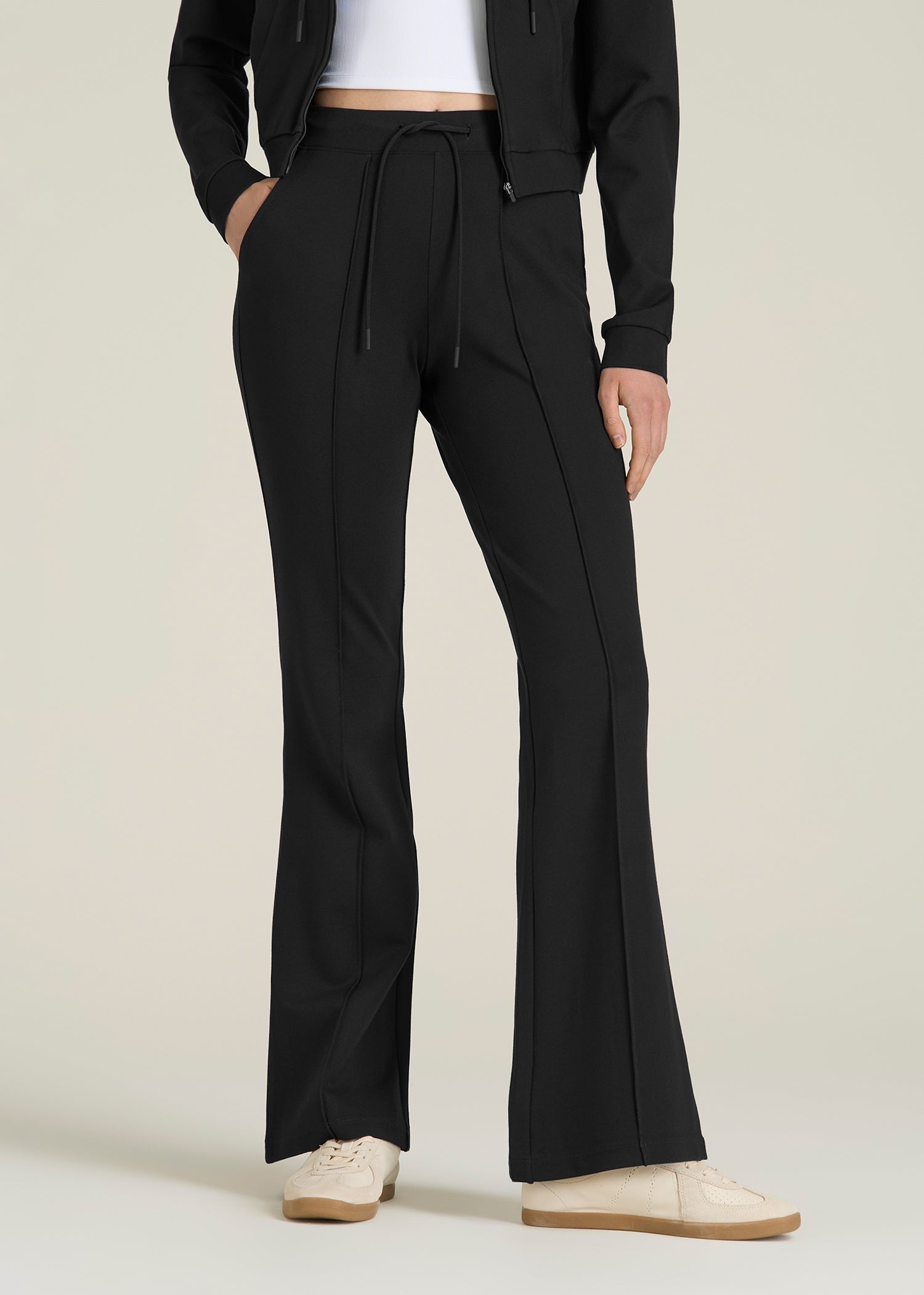 Soft Flex Ponte Flare Pants with Drawcord for Tall Women in Black