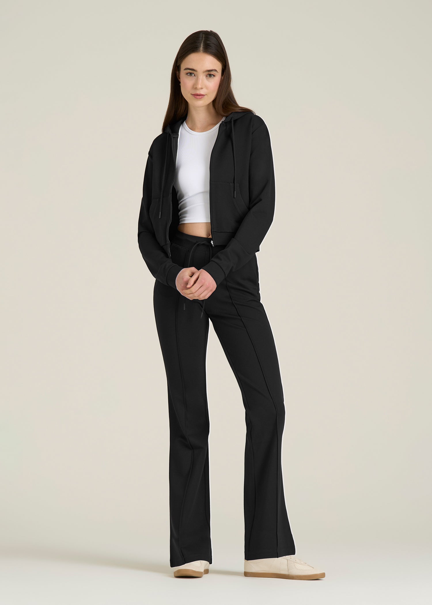 Soft Flex Ponte Flare Pants with Drawcord for Tall Women in Black