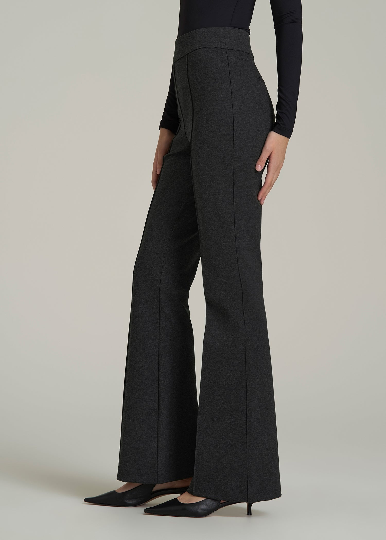 Soft Flex Ponte Pull On Flare Pants for Tall Women in Dark Charcoal Heather