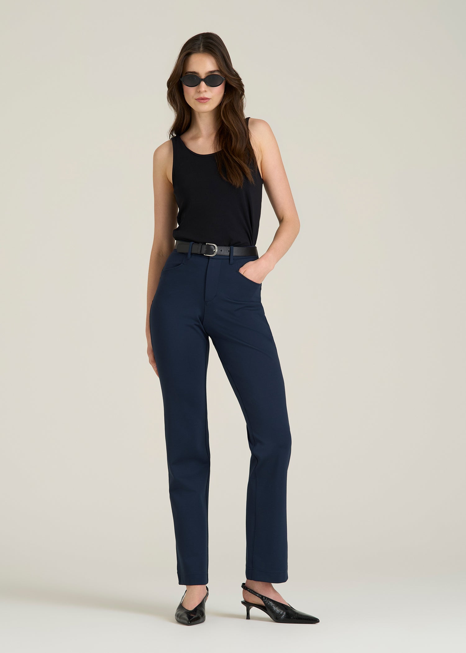 Soft Flex Ponte Straight Leg Pants for Tall Women in Navy