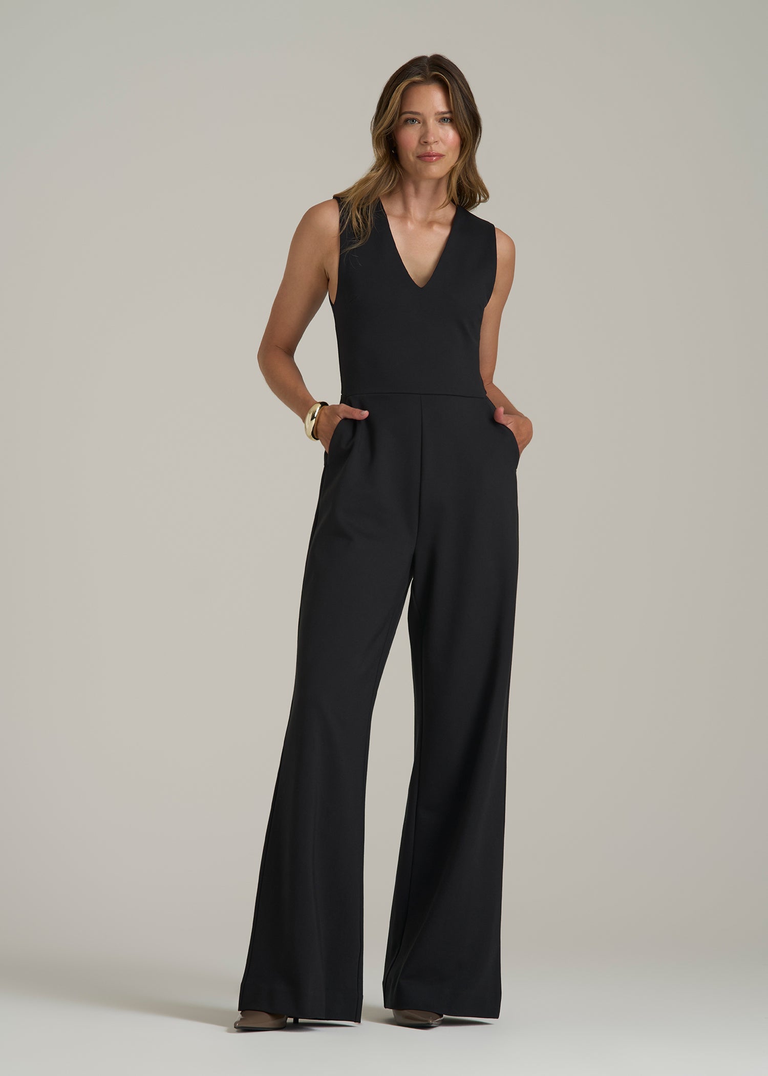 Soft Flex Ponte Wide-Leg V-Neck Jumpsuit for Tall Women American