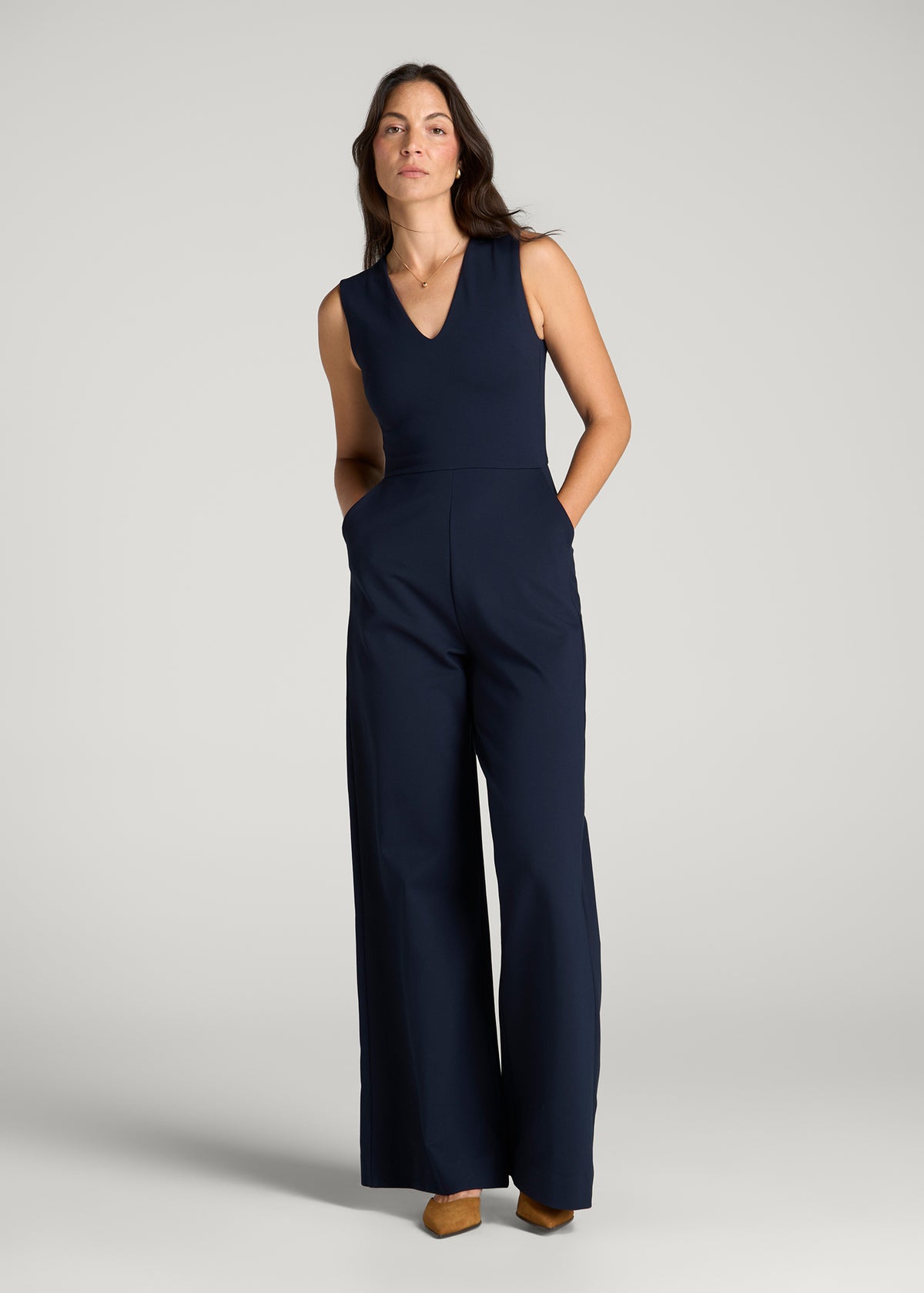 Flex Ponte Wide Leg V-Neck Jumpsuit for Tall Women in Navy