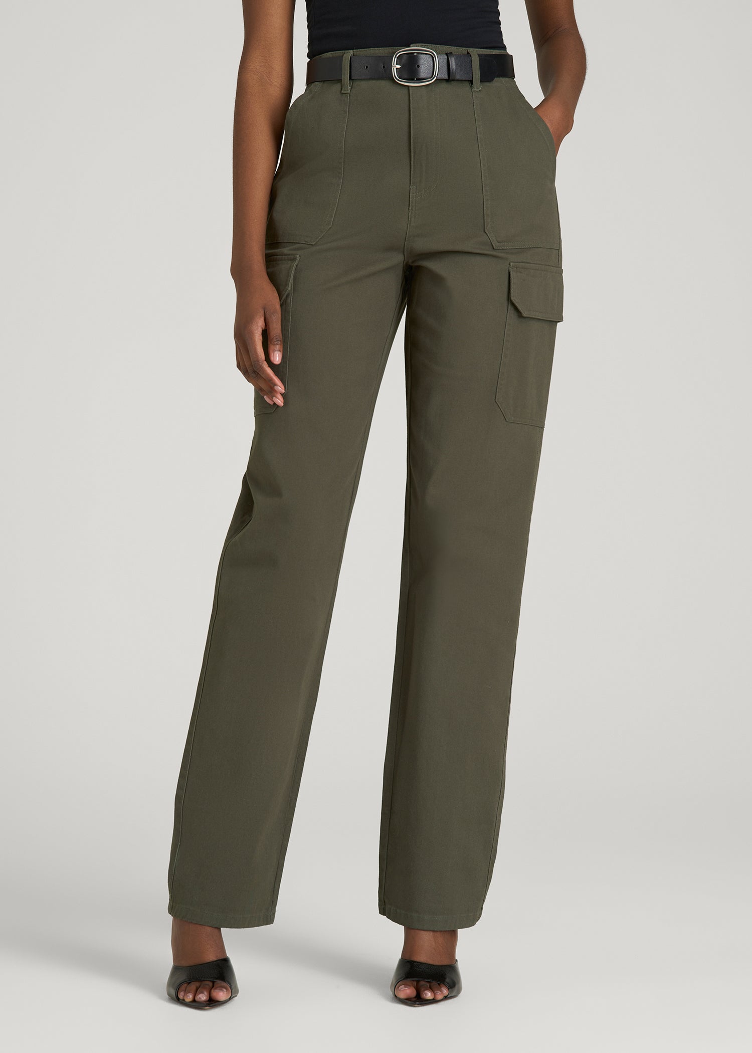 Straight Leg Cargo Chino Pants for Tall Women in Dark Moss Green