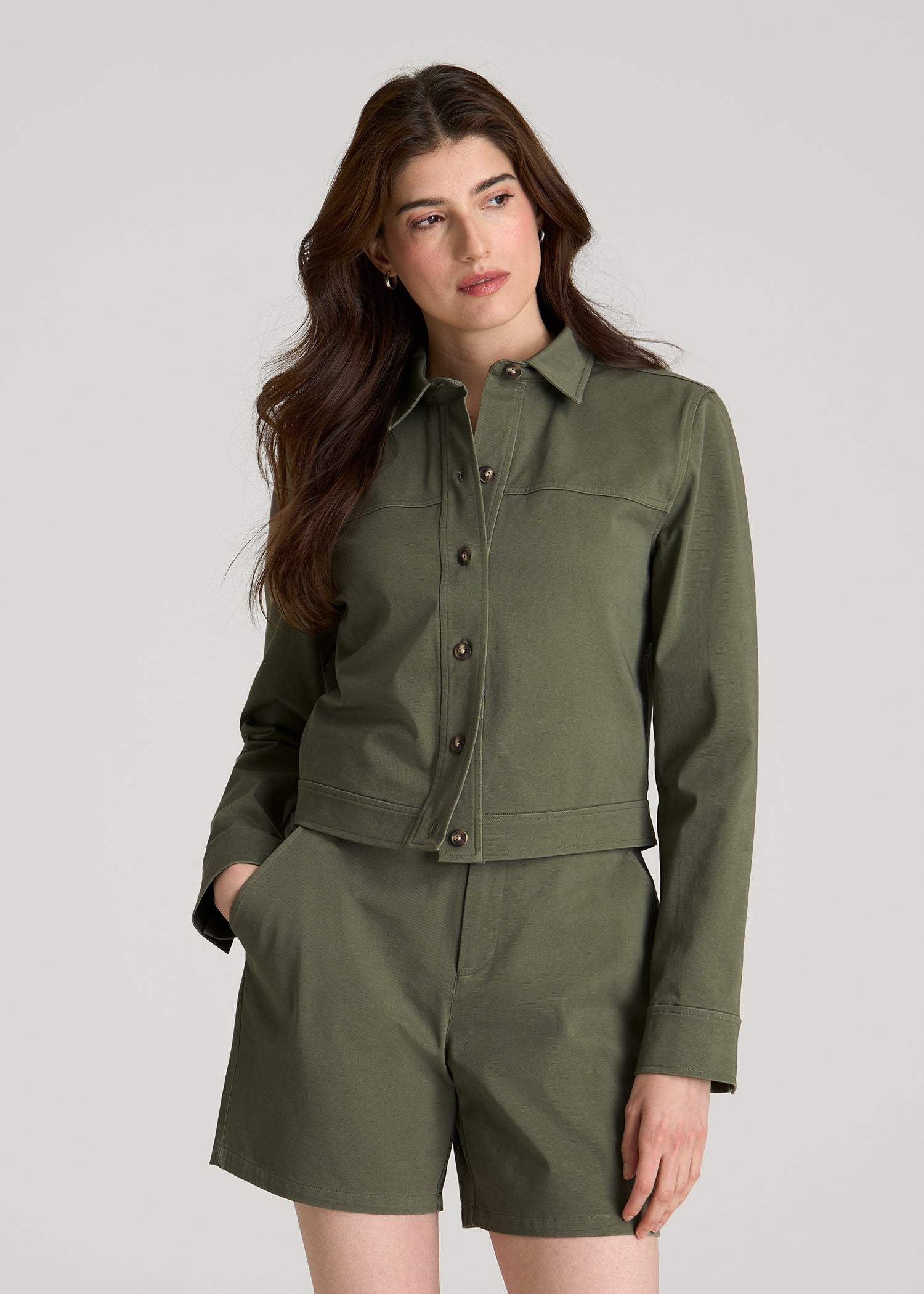 Cropped Stretch Cargo Jacket for Tall Women in Olive